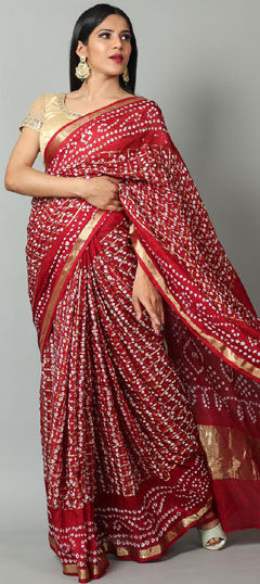 Red and Maroon color Saree in Art Silk fabric with Bandhej, Printed, Weaving work