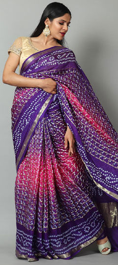 Pink and Majenta, Purple and Violet color Saree in Art Silk fabric with Bandhej, Printed, Weaving work