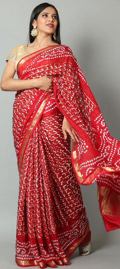 Red and Maroon color Saree in Art Silk fabric with Bandhej, Printed, Weaving work