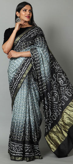 Black and Grey color Saree in Art Silk fabric with Bandhej, Printed, Weaving work