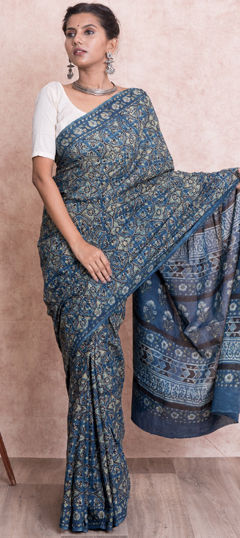 Blue color Saree in Cotton fabric with Printed work