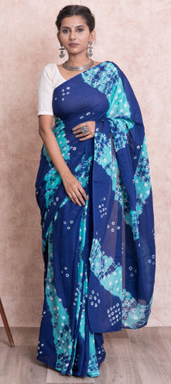 Blue color Saree in Cotton fabric with Bandhej, Lehariya, Printed work