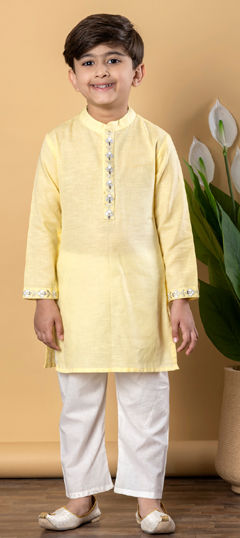 Yellow color Boys Kurta Pyjama in Silk fabric with Resham, Thread work