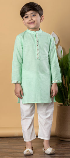 Green color Boys Kurta Pyjama in Silk fabric with Resham, Thread work