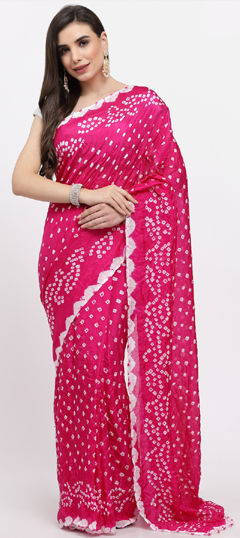 Pink and Majenta color Saree in Silk fabric with Bandhej, Printed work