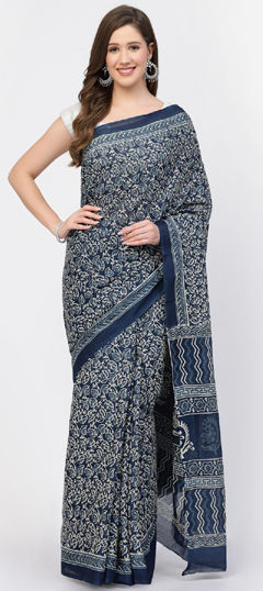 Blue color Saree in Cotton fabric with Floral, Printed work