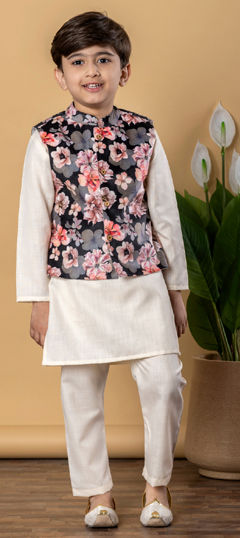 Beige and Brown, Black and Grey color Boys Kurta Pyjama with Jacket in Cotton fabric with Floral, Printed work