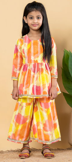Yellow color Girls Top with Bottom in Silk fabric with Gota Patti, Printed work