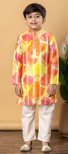 Yellow color Boys Kurta Pyjama in Silk fabric with Printed work