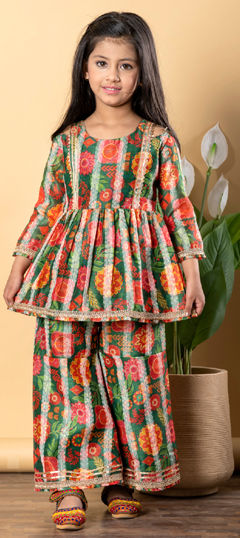Green color Girls Top with Bottom in Silk fabric with Floral, Gota Patti, Printed work