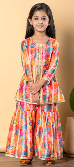 Orange color Girls Top with Bottom in Silk fabric with Gota Patti, Lace, Printed, Weaving work