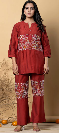 Red and Maroon color Co-ords Set in Cotton fabric with Embroidered, Resham, Thread work