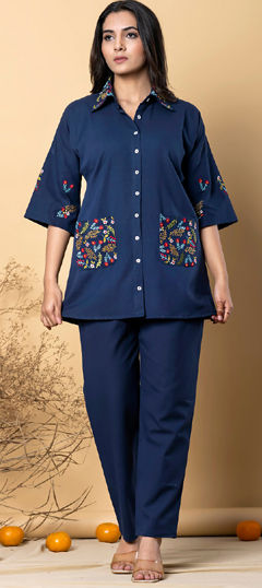 Blue color Co-ords Set in Cotton Flex fabric with Embroidered, Resham, Thread work