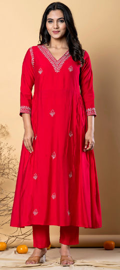 Red and Maroon color Salwar Kameez in Muslin fabric with Embroidered, Thread, Zari work