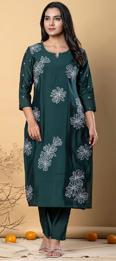 Green color Salwar Kameez in Muslin fabric with Embroidered, Resham, Thread work