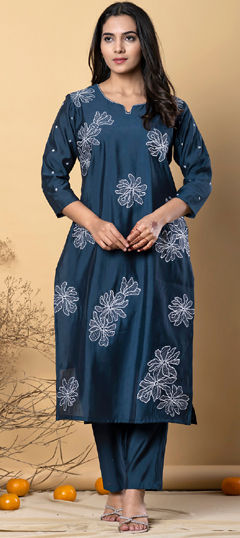 Blue color Salwar Kameez in Muslin fabric with Embroidered, Resham, Thread work