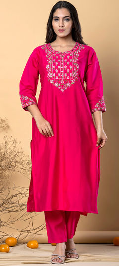 Pink and Majenta color Salwar Kameez in Muslin fabric with Embroidered, Resham, Thread, Zari work