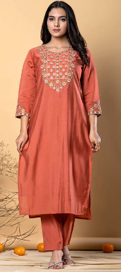 Beige and Brown color Salwar Kameez in Muslin fabric with Embroidered, Resham, Thread, Zari work