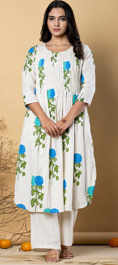 White and Off White color Salwar Kameez in Cotton Flex fabric with Pleats, Printed, Sequence work