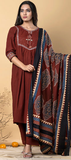 Beige and Brown color Salwar Kameez in Cotton fabric with Printed, Sequence work