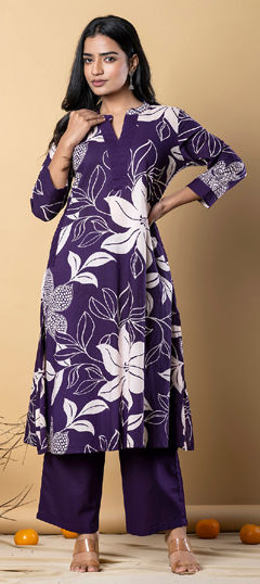 Purple and Violet color Salwar Kameez in Cotton fabric with Printed, Thread work