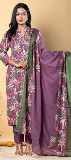 Purple and Violet color Salwar Kameez in Cotton fabric with Lace, Printed, Sequence work