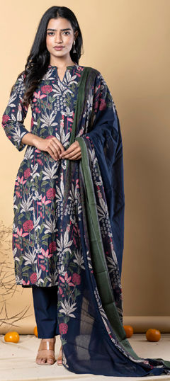 Blue color Salwar Kameez in Cotton fabric with Lace, Printed, Sequence work