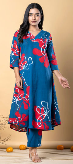 Blue color Salwar Kameez in Cotton fabric with Bugle Beads, Printed work