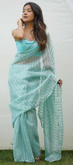 Blue color Saree in Organza Silk fabric with Sequence, Weaving work