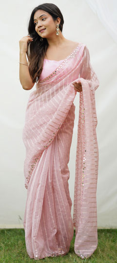 Pink and Majenta color Saree in Organza Silk fabric with Sequence, Weaving work