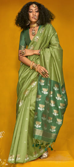 Green color Saree in Tussar Silk fabric with Weaving work