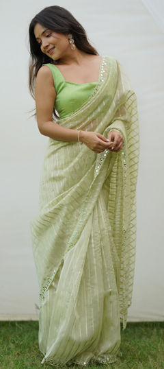 Green color Saree in Organza Silk fabric with Sequence, Weaving work