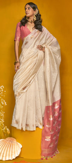 White and Off White color Saree in Tussar Silk fabric with Weaving work