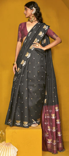 Black and Grey color Saree in Tussar Silk fabric with Weaving work