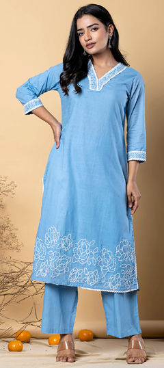 Blue color Salwar Kameez in Cotton fabric with Lace, Thread work