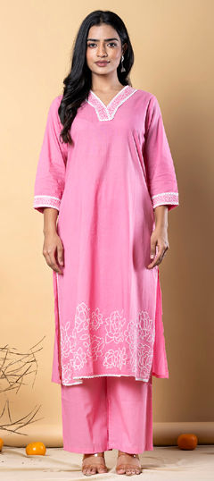 Pink and Majenta color Salwar Kameez in Cotton fabric with Lace, Thread work
