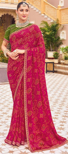 Red and Maroon color Saree in Georgette fabric with Bandhej, Printed work