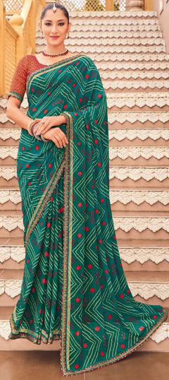 Green color Saree in Georgette fabric with Bandhej, Printed work