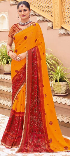 Yellow color Saree in Georgette fabric with Bandhej, Printed work