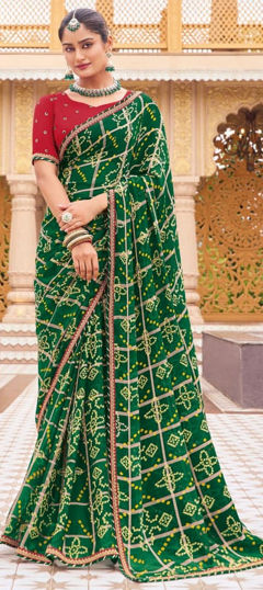 Green color Saree in Georgette fabric with Bandhej, Printed work