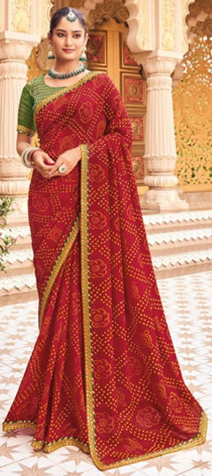 Red and Maroon color Saree in Georgette fabric with Bandhej, Printed work