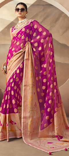 Pink and Majenta color Saree in Georgette fabric with Weaving work