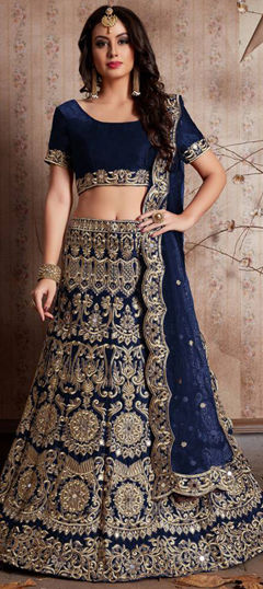 Blue color Lehenga in Velvet fabric with Embroidered, Mirror, Thread, Zari work