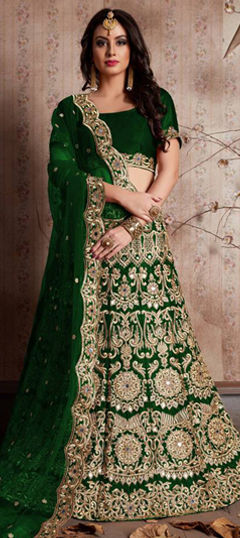 Green color Lehenga in Velvet fabric with Embroidered, Mirror, Thread, Zari work