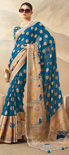 Blue color Saree in Georgette fabric with Weaving work