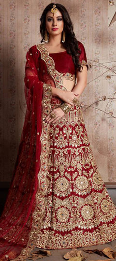 Red and Maroon color Lehenga in Velvet fabric with Embroidered, Mirror, Thread, Zari work