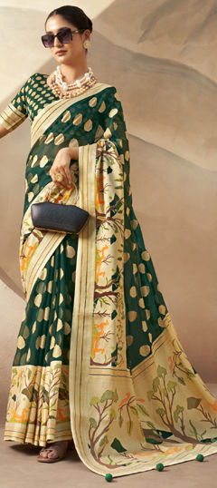 Green color Saree in Georgette fabric with Weaving work