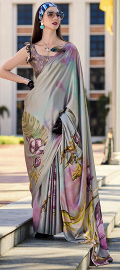 Multicolor color Saree in Satin Silk fabric with Digital Print, Floral work