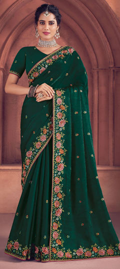 Green color Saree in Organza Silk fabric with Embroidered, Resham, Sequence, Thread work