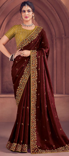 Red and Maroon color Saree in Organza Silk fabric with Embroidered, Resham, Sequence, Thread work